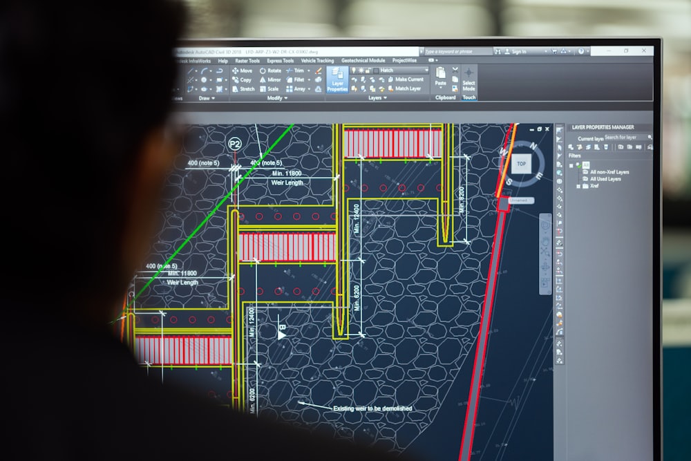Engineering design drawings on screen